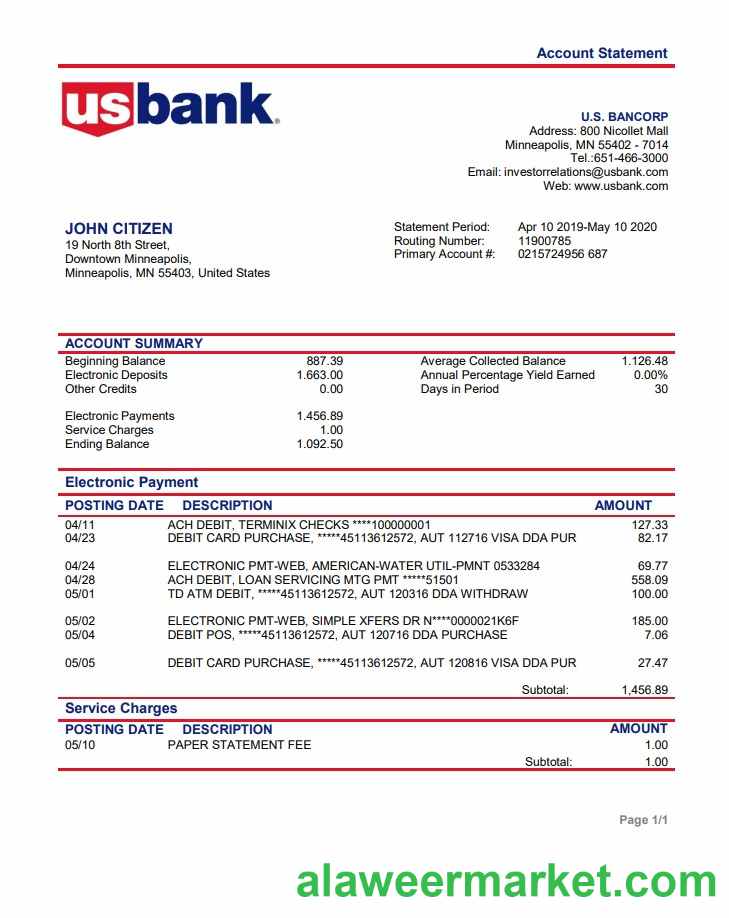 USA Bancorp bank proof of address statement template in Word and PDF format